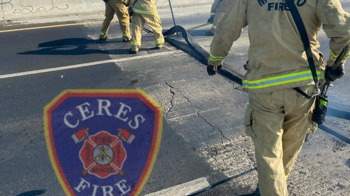The Mitchell Road Bridge was closed in both directions on Monday, Nov. 2, 2020 in Ceres, California after a fire broke out nearby and extended into the structure of the bridge.