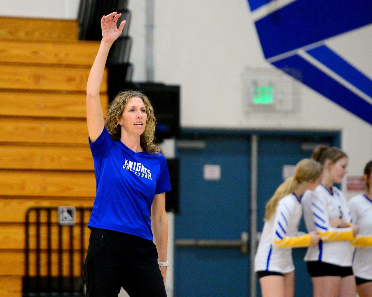 Ripon Chrisitan Head Coach Kayla Koostra signals to her players during a game between Ripon Christian and Mariposa at Ripon Christian High School in Ripon California on September 19, 2023.