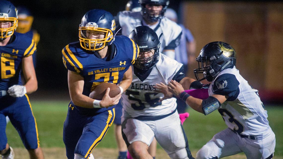 Big Valley Christian running back Andrew Contreras (21) breaks free on a touchdown run during a game between Big Valley Christian High School and Millennium High School at Big Valley Christian High School in Modesto, CA on October 11, 2019.