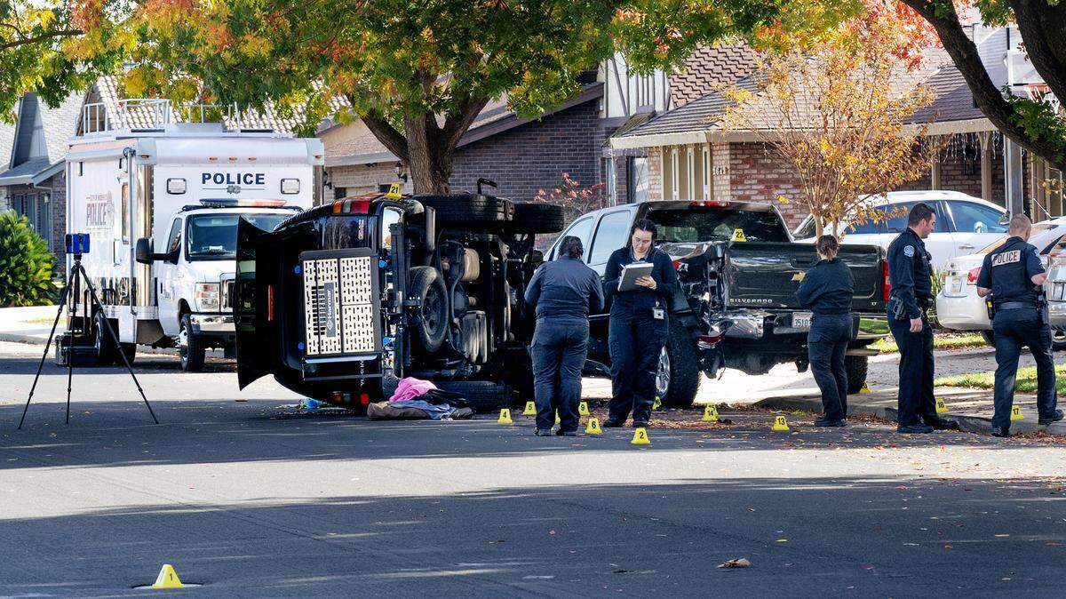 Modesto police investigate a crash on Bridle Path Lane in Modesto, Calif., Tuesday, Nov. 21, 2023. The involved driver died after being taken to a hospital.