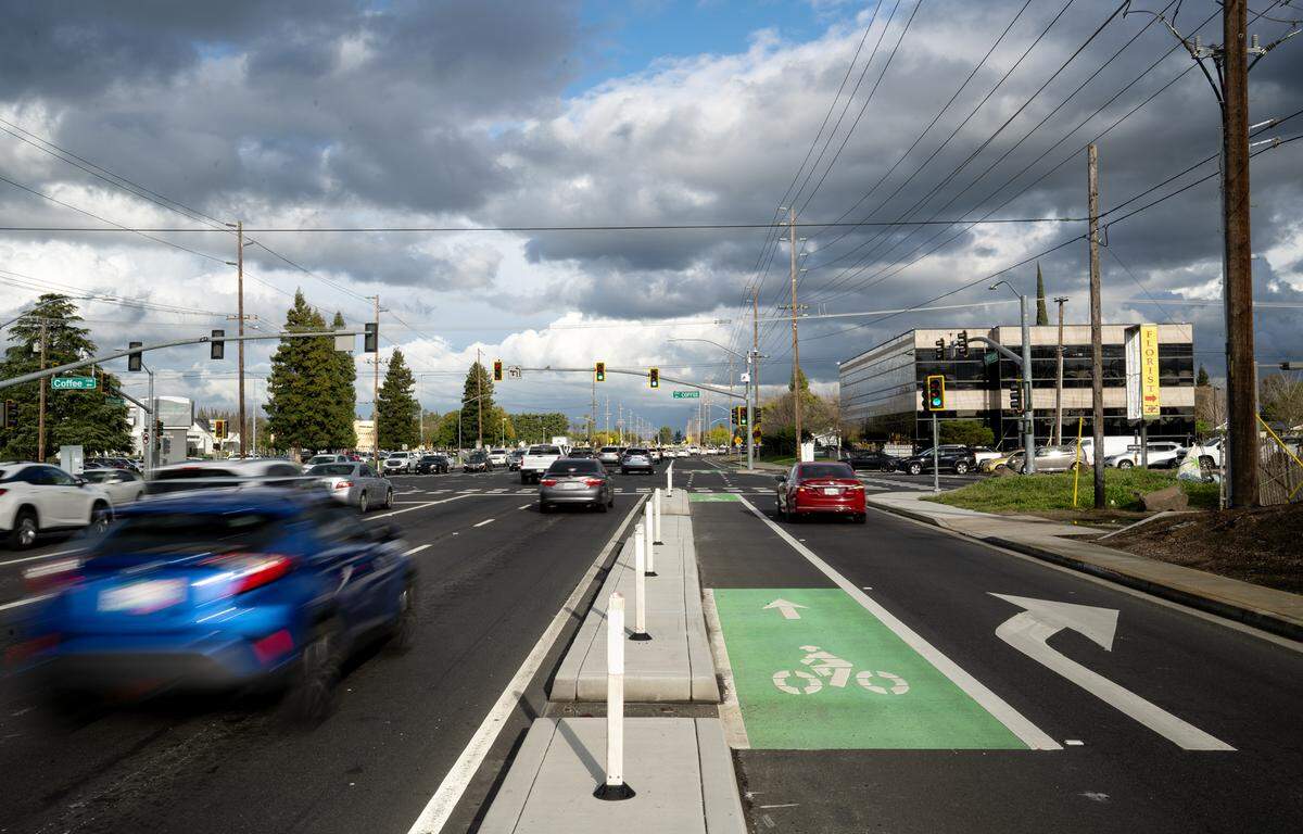 A dedicated bike lane on Briggsmore Avenue provides better protection for bicyclists in Modesto, Monday, March, 17, 2025.