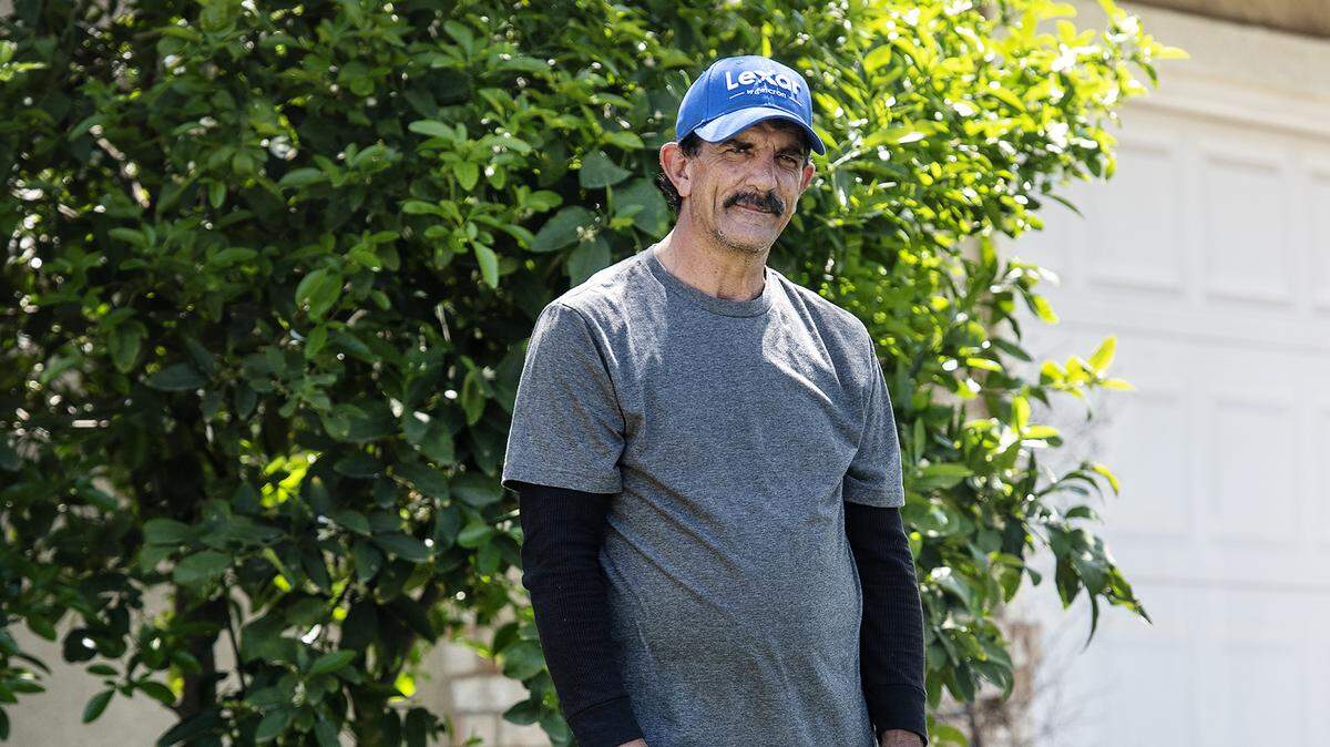 Tim La Rosa with his dog Sanity in Modesto, Calif., on Wednesday, April 15, 2020.