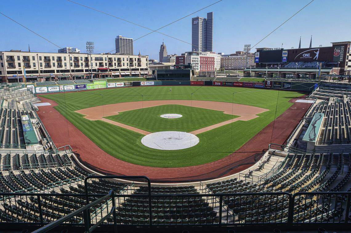 In this April 8, 2020, file photo, the Parkview Field minor league baseball stadium is viewed in downtown Fort Wayne, Ind.