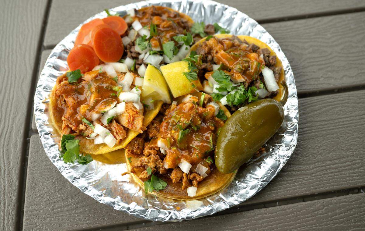 Tacos from Tony’s Tacos at La Plazita Montes food truck plaza in Salida