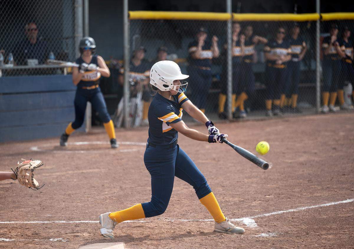 Big Valley’s Ava Hernandez hits a double during the CIF NorCal Softball Championship game with Los Altos at Big Valley Christian High School in Modesto, Calif., on Saturday, June 4, 2022.