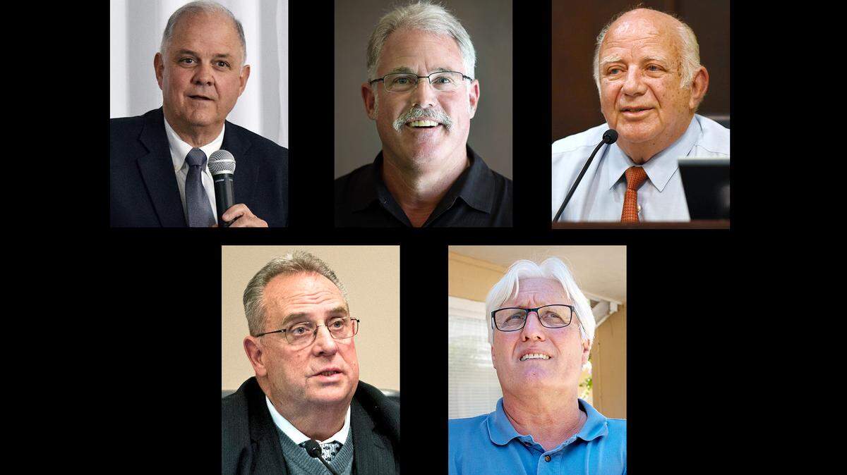 Clockwise from the top left, Modesto Mayor Ted Brandvold, Rick Countryman, Carmen Sabatino, Doug Ridenour and Bert Lippert.