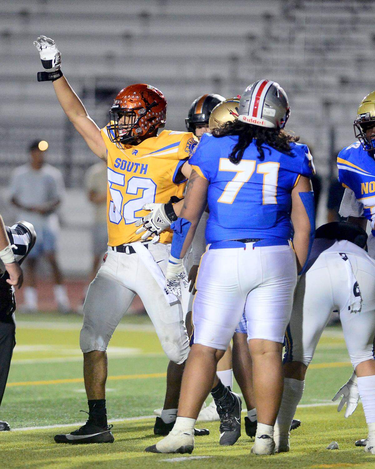 Jalonn Booth (52) of Merced High School celebrates a sack during the 2024 Lions All-Star High School Football game at Tracy High School in Tracy, Calif. on June 22, 2024.