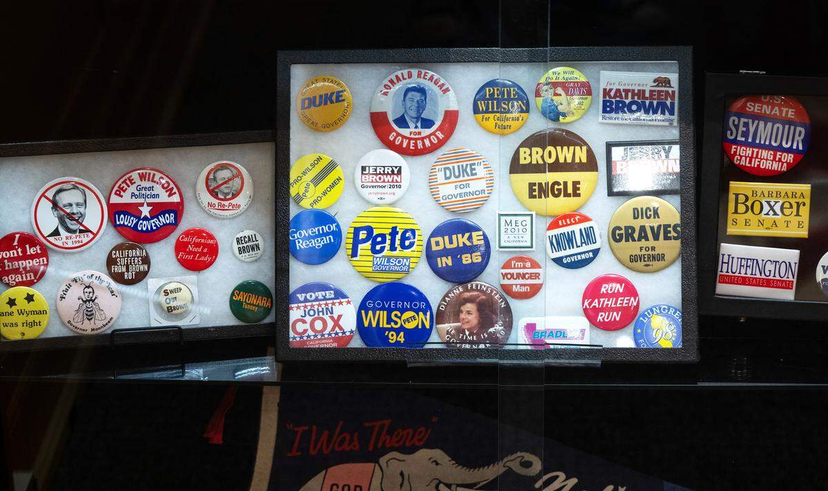 Campaign buttons in the ‘California Votes: Exercise Your Right!’ exhibit at the McHenry Museum in Modesto, Calif., Friday, Sept. 27, 2024.