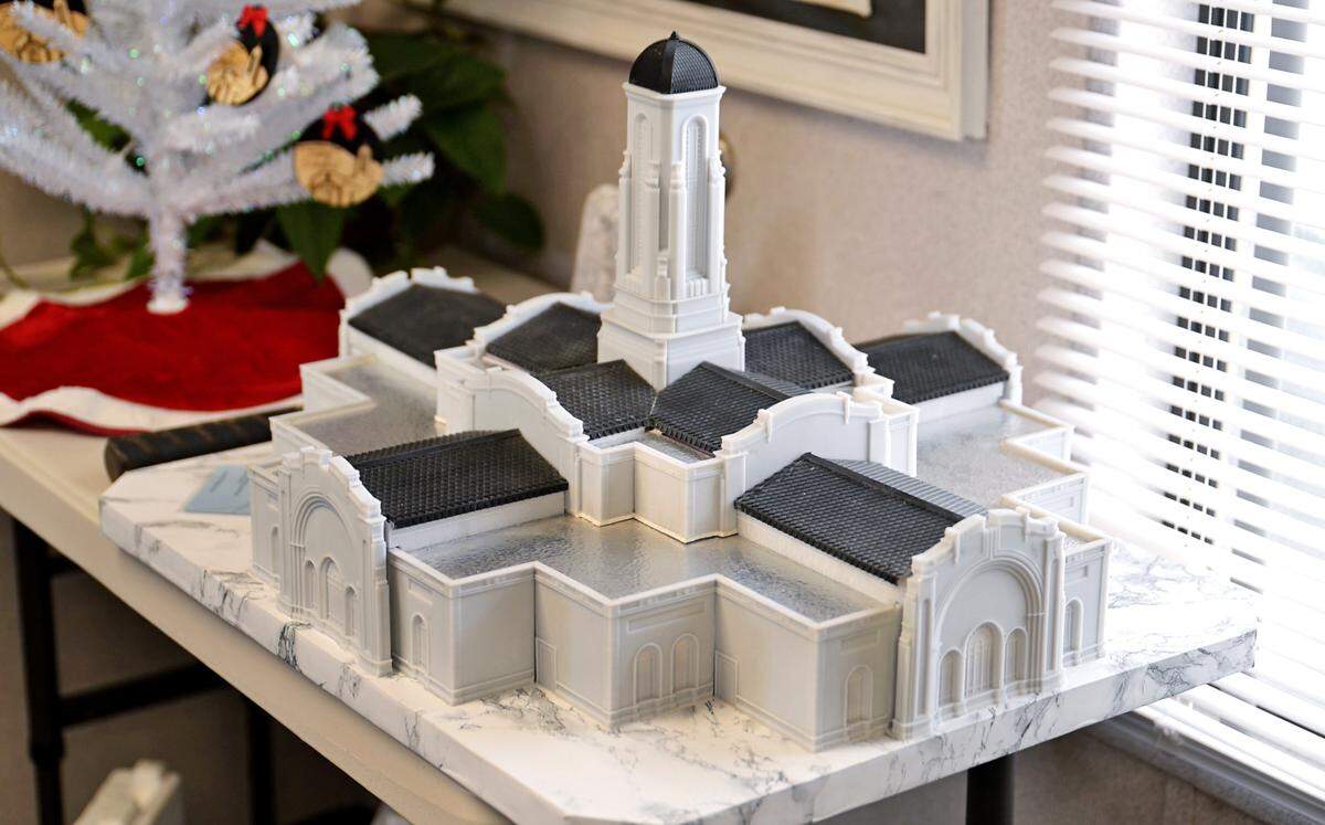 A model of the finished temple in the visitor center at Church of Jesus Christ of Latter-day Saints on Dale Road in Modesto.