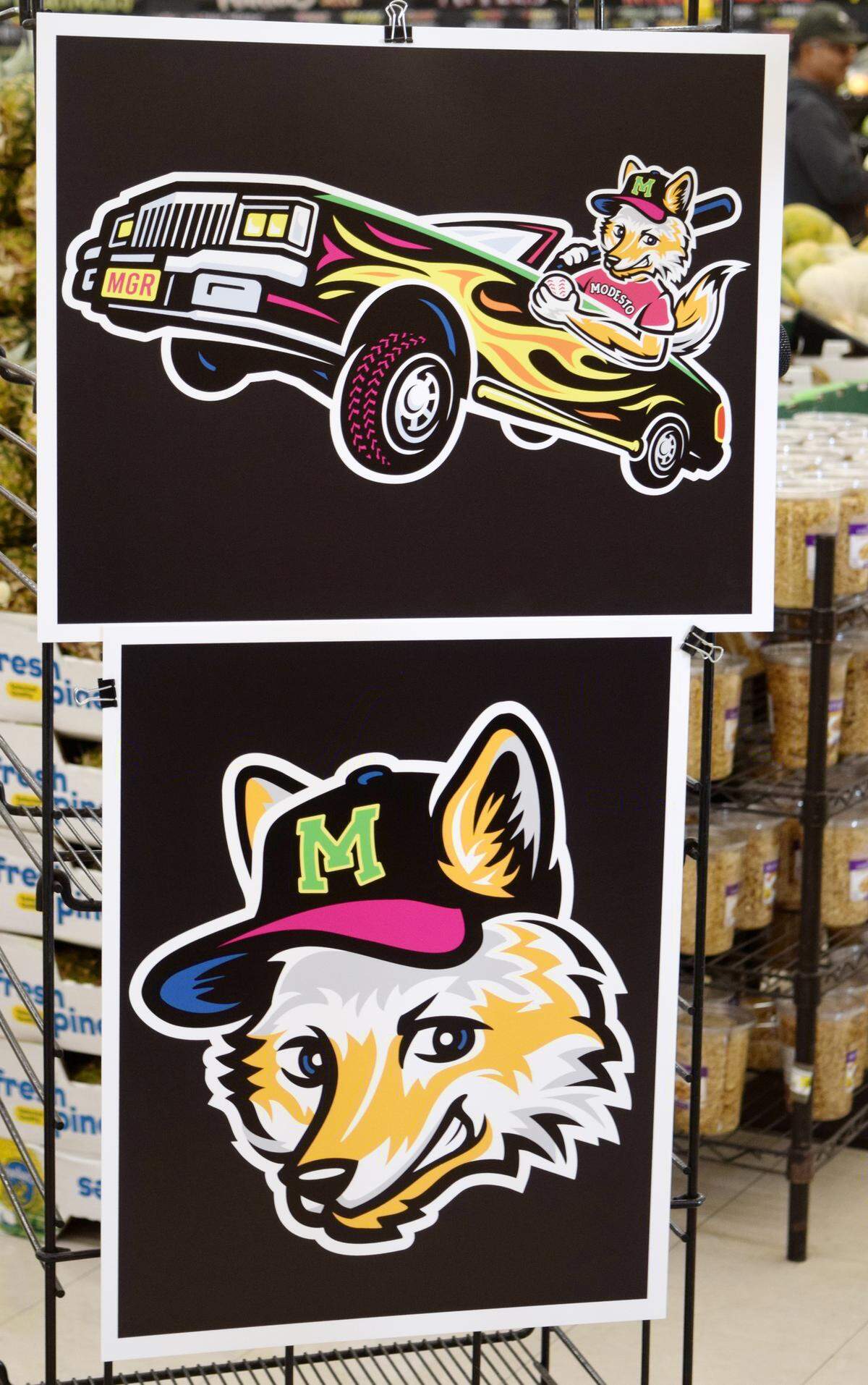 One of the logos featuring a new mascot — a kit fox named Cruiser — presented at a press conference announcing the name of a new Modesto-based Pioneer Baseball League team in Ceres, Monday, Nov. 10, 2025.