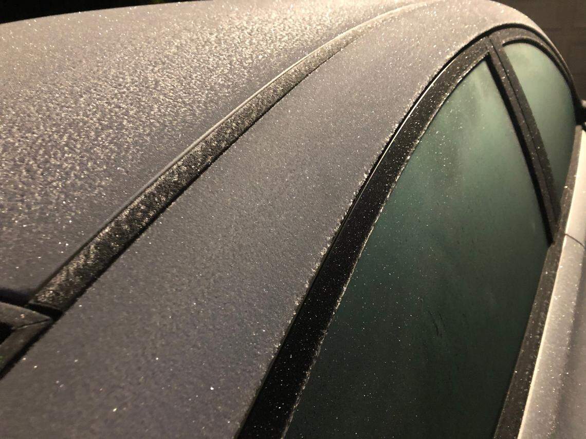 Frost sparkles on a car in north Modesto before dawn Tuesday, Jan. 26, 2021. The overnight low was below 30 degrees in much of Stanislaus County.