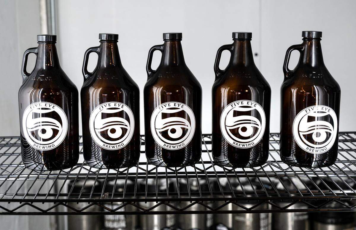Growler bottles at Five Eye Brewing in Ceres, Calif., on Tuesday, Nov. 23, 2021.