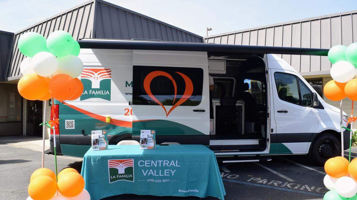The Mobile Mental Health Program van parked outside La Familia Central Valley’s office in Turlock on Apr. 24, 2025.