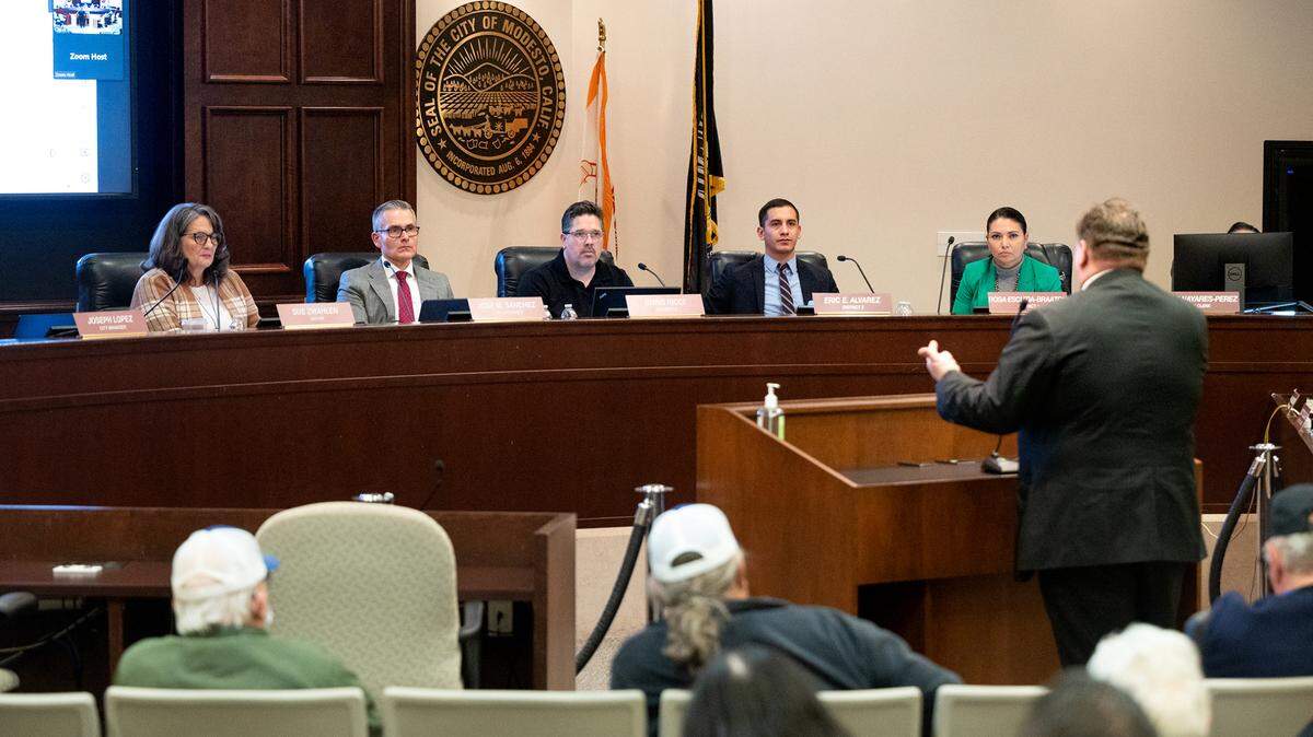 Charles Byrd speaks to the Modesto city council in Modesto, Calif., Tuesday, Dec. 13, 2022. Council members adopted recommendations from its Forward Together police oversight committee.