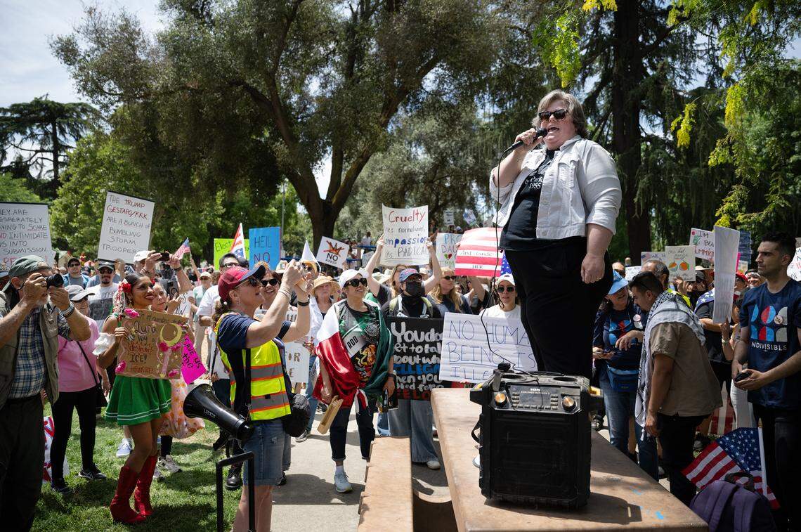 Waterford councilmember Elizabeth Talbott speaks during the “No Kings” protest at Graceada Park in Modesto, Saturday, June 14, 2025. 