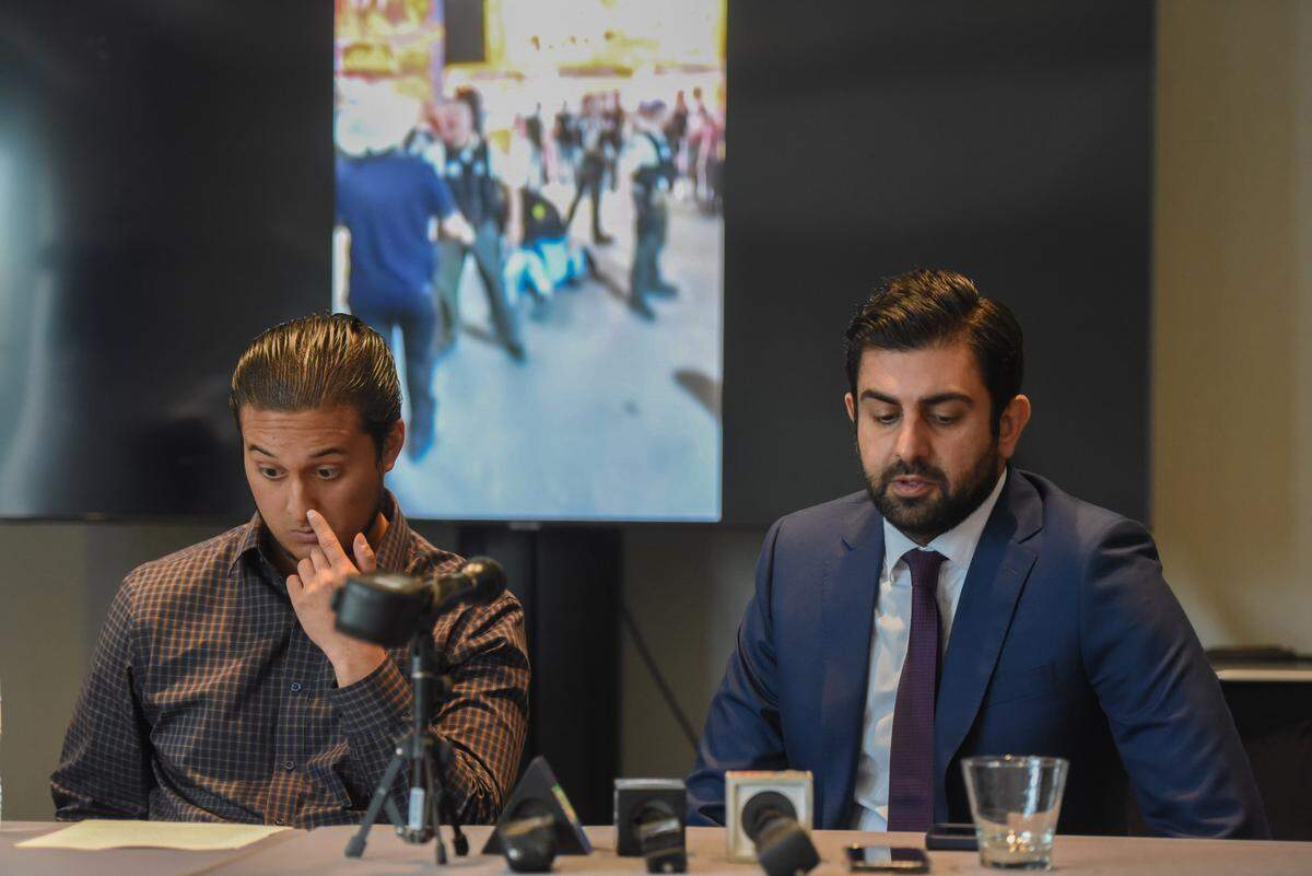 Ronaldo Hernandez, 22, listens as his attorney Neil Gehlawat speaks during a press conference Wednesday in Sacramento about a claim alleging Stanislaus County sheriff’s deputies used excessive force during a July 20 incident at the county fair.