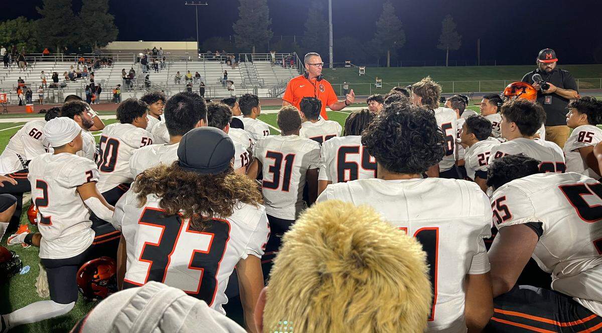 Merced head coach Rob Scheidt addressing his team after 42-12 win over Gregori at Gregori High School in Modesto, Calif., on August 29, 2024.