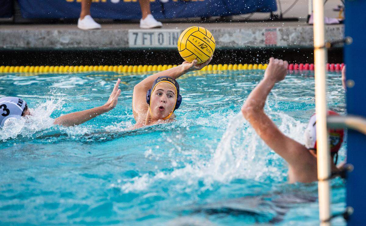 Turlock’s Samuel Carlsen-Sutherland makes a goal during a Central California Athletic League match with Enochs at Turlock High School in Turlock, Calif., on Tuesday, Oct. 12, 2021. Turlock won 20-3.