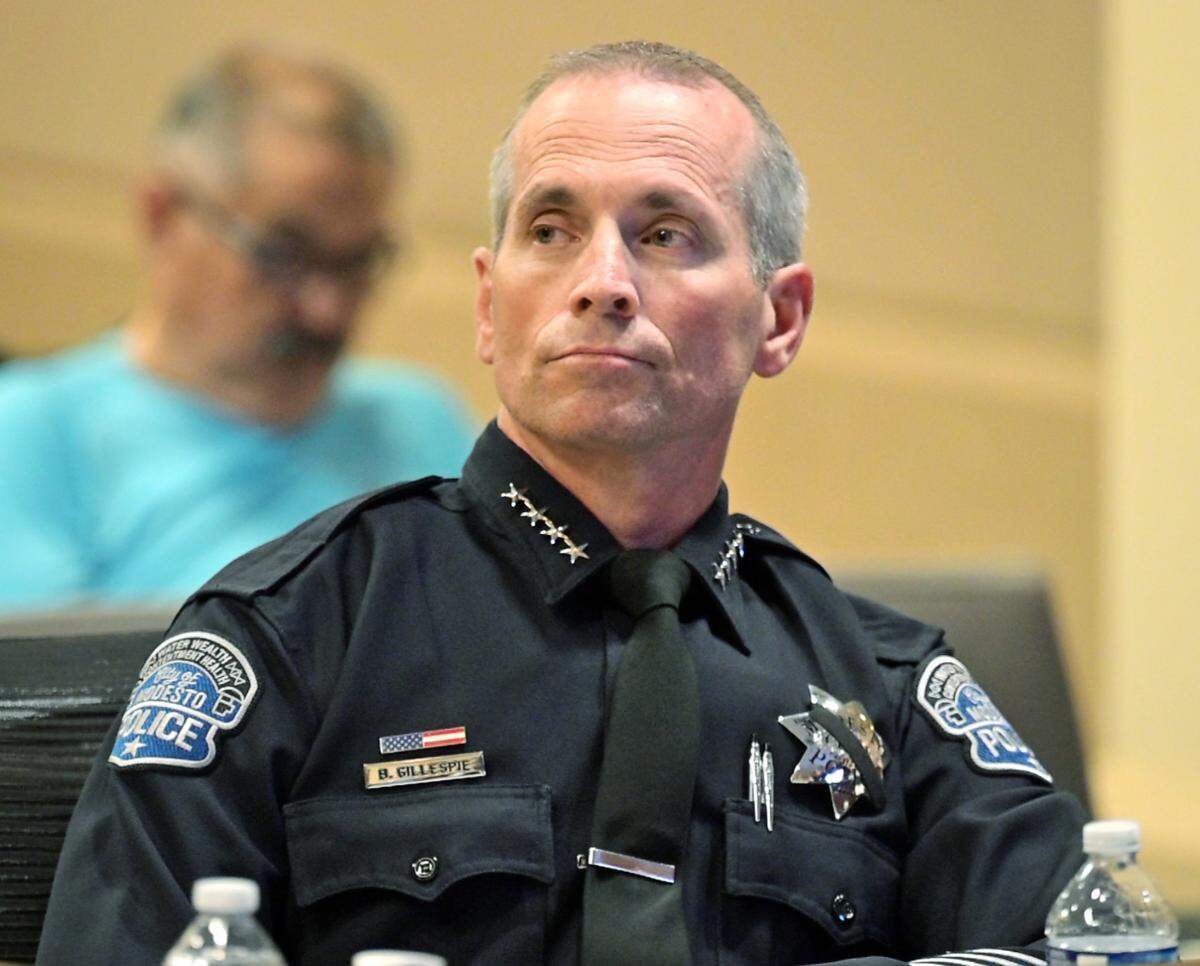 Modesto Police Chief Brandon Gillespie listens to public comment during the Community Police Review Board meeting at 10th Street Place in Modesto, Wednesday June 18, 2025.