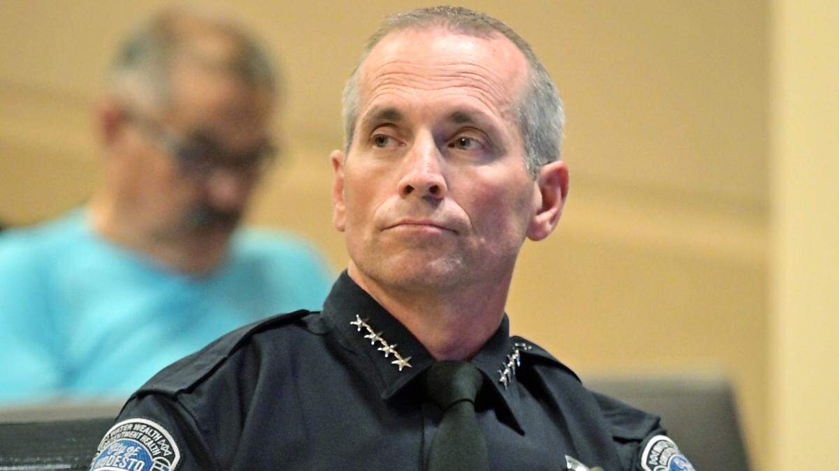 Modesto Police Chief Brandon Gillespie listens to public comment during the Community Police Review Board meeting at 10th Street Place in Modesto on  June 18, 2025. MPD released its report of military equipment on Tuesday, May 5, 2026, which showed its request to purchase to new items including drones, tear gas and flash-bangs. 
