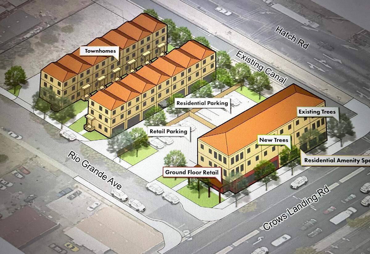 A draft plan for southwest Modesto, California, suggests three stories of townhouses and ground-floor retail on an underused parcel at the northeast corner of Crows Landing and Hatch roads. A City Council committee endorsed the plan on Aug. 5, 2024.