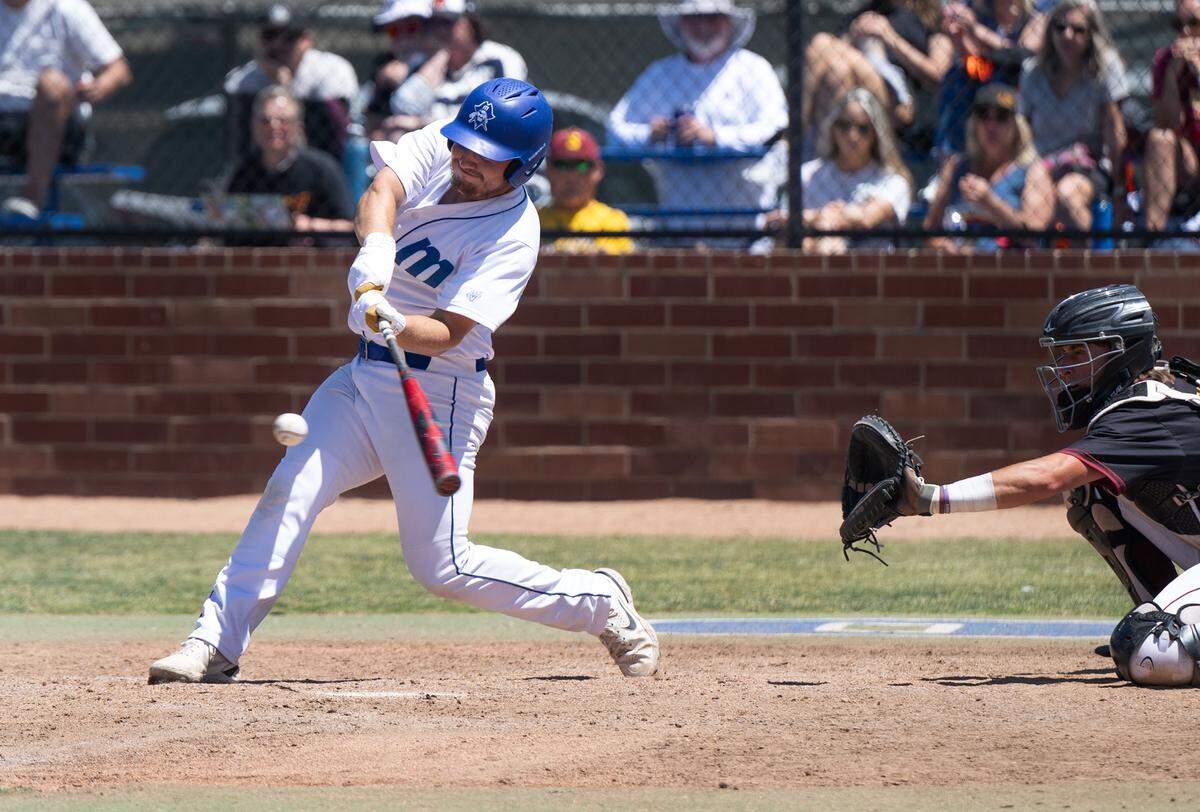 Modesto’s Dylan Fuller strikes a double during the 3C2A NorCal Regional playoff game with Sacramento City College at Modesto Junior College in Modesto, Calif., Friday, May 3, 2024.