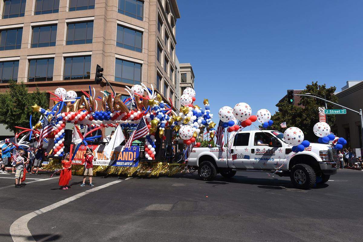 Floats are part of the annual Fourth of July parade in downtown Modesto.