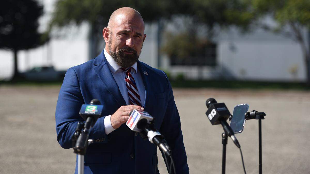 Florida Lt. Gov. Jay Collins speaks at a news conference outside Stockton Metropolitan Airport in California on Thursday, August 21, 2025.