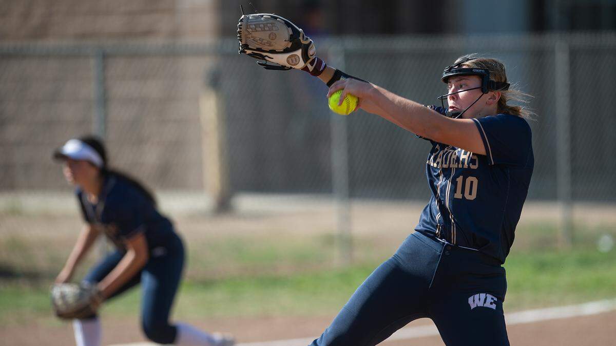 Central Catholic’s Randi Roelling winds up to pitch during the Valley Oak League game with Escalon at Escalon High School in Escalon, Calif., on Thursday, April 22, 2021.
