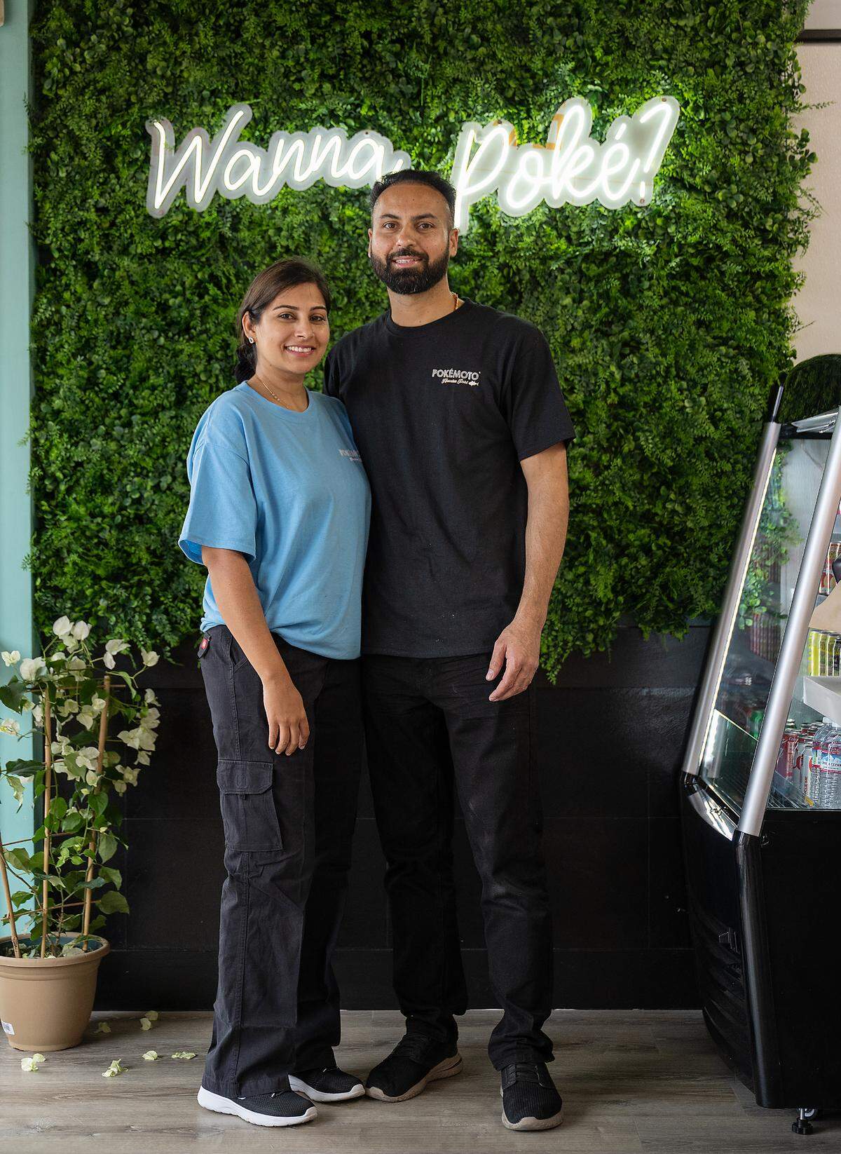 Husband and wife team Navjot Kaur, left, and Harpreet Singh own Pokémoto Hawaiian Poké restaurant in Village One Plaza.
