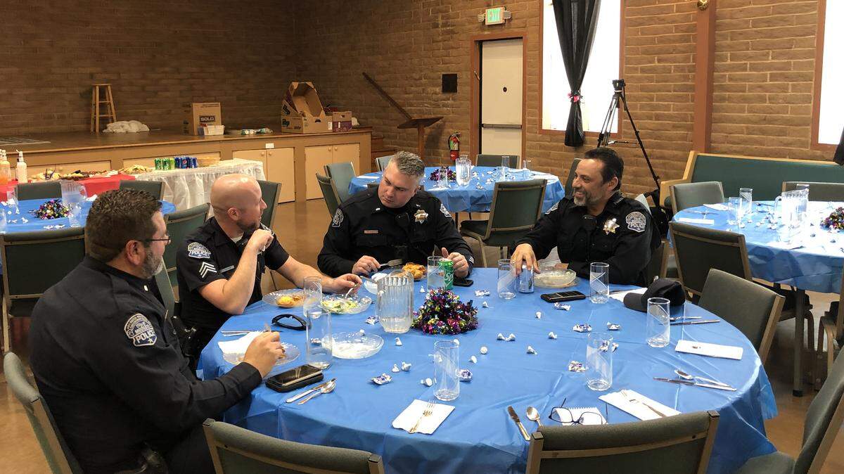 The Modesto police officers lunching at Congregation Beth Shalom on Wednesday, Dec. 25, 2019, included, from left, Lt. Brian Kleiber, Sgt. Jim Reeves, Lt. Bobby Meredith and Officer Tommy Bazan.
