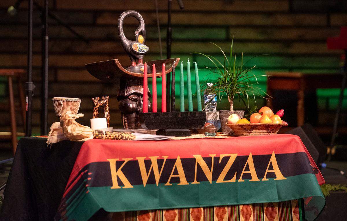 Ceremonial alter at the Modesto-Stanislaus NAACP Holiday Kwanzaa Social at Redeemer Modesto in Modesto, Calif., on Friday, Dec. 10, 2021.