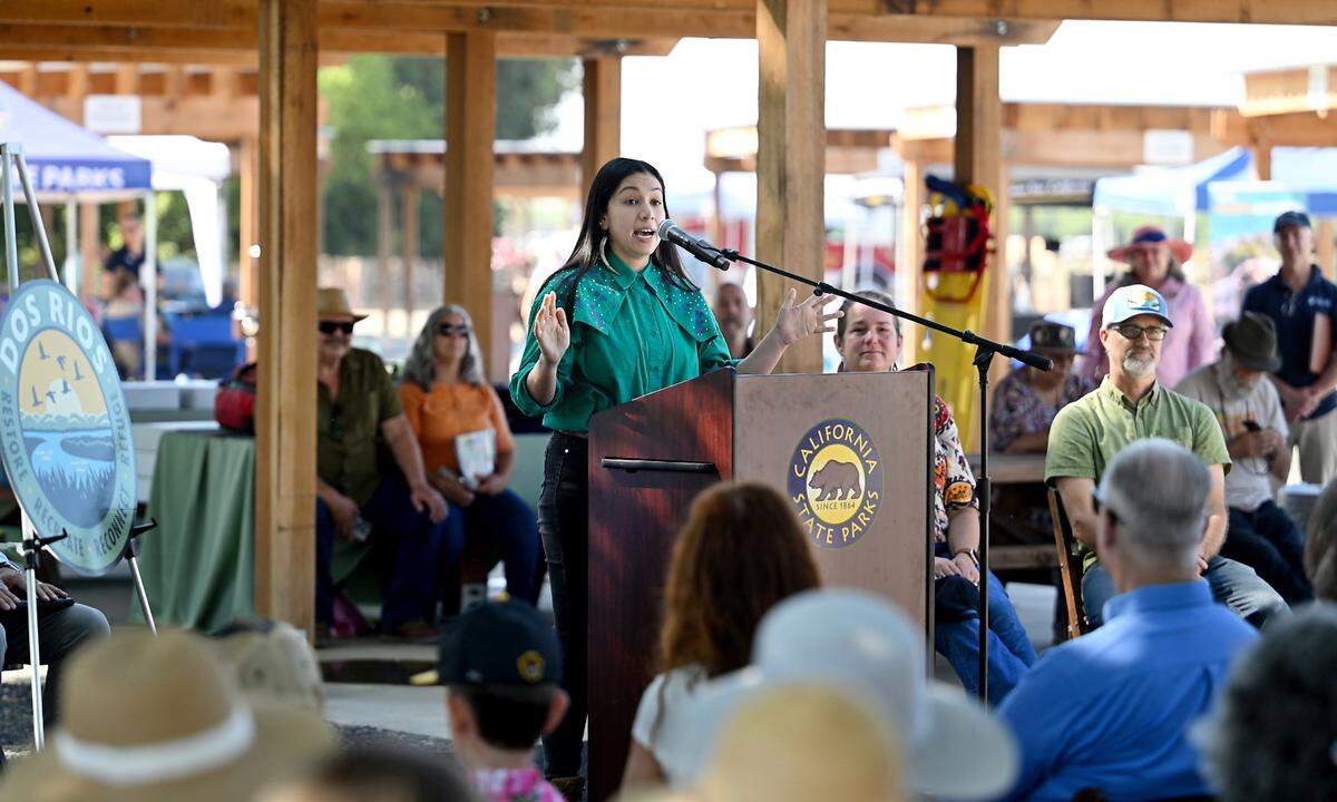 Diana Avalos, senior program manager for the First Partner of California, speaks during the opening of Dos Rios State Park in Modesto, Calif., Wednesday June 12, 2024.