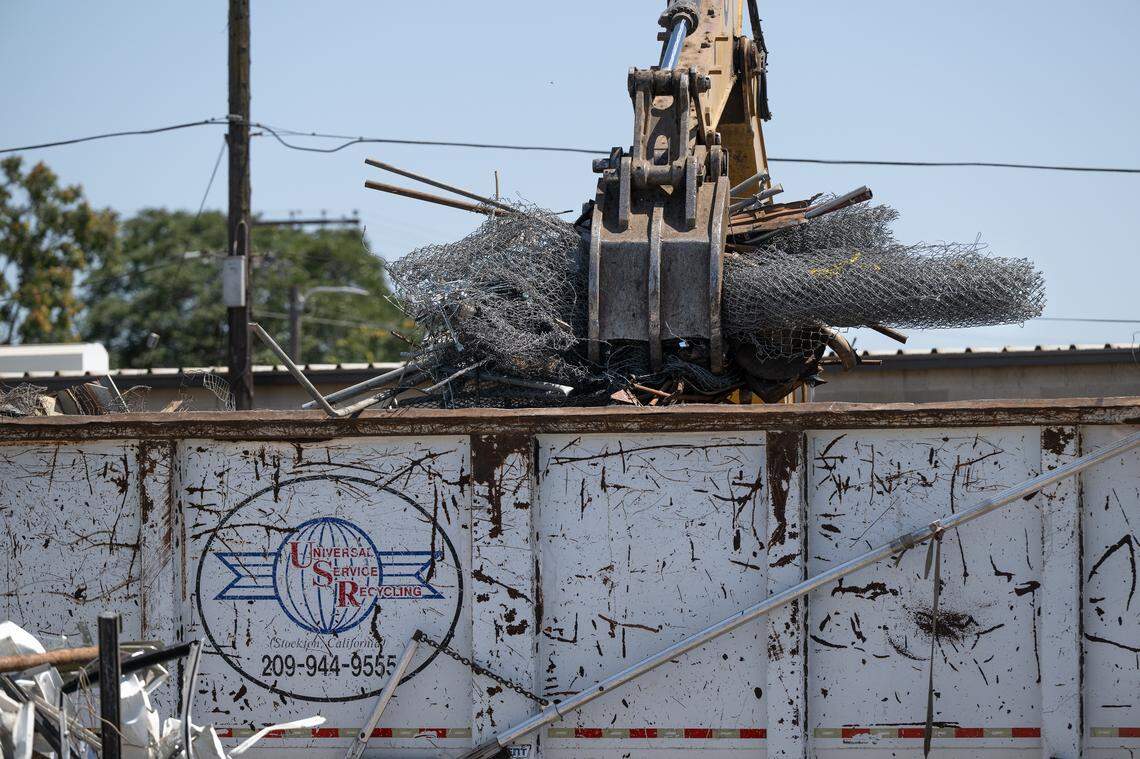 Scrap metals are loaded into a transport truck at Universal Service Recycling in Modesto on Wednesday, June 25, 2025.