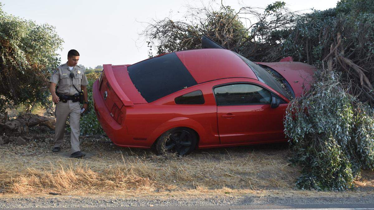 A female driver suffered minor injuries after losing control of her car and crashing into vegetation on East Keyes Road west of Keyes on Sunday afternoon, Sept. 2, 2018