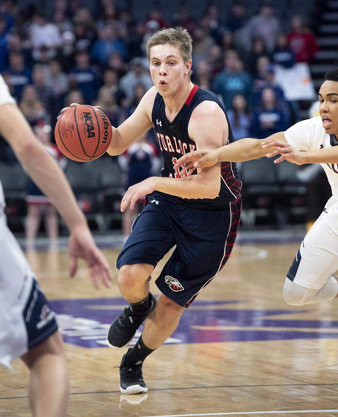 Turlock Christian’s Micah Blomenkamp charges the basket during the Sac-Joaquin Section Division VI boys basketball championship game with Vacaville Christian at the Golden1 Center in Sacramento, Calif., Friday, Feb. 22, 2019.