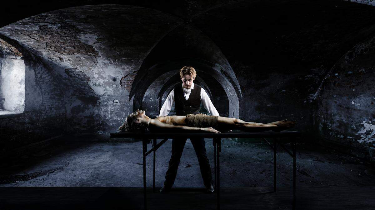 Grant Landon as Victor Frankenstein and Aaron Gulevich as The Creature in Central West Ballet’s production.
