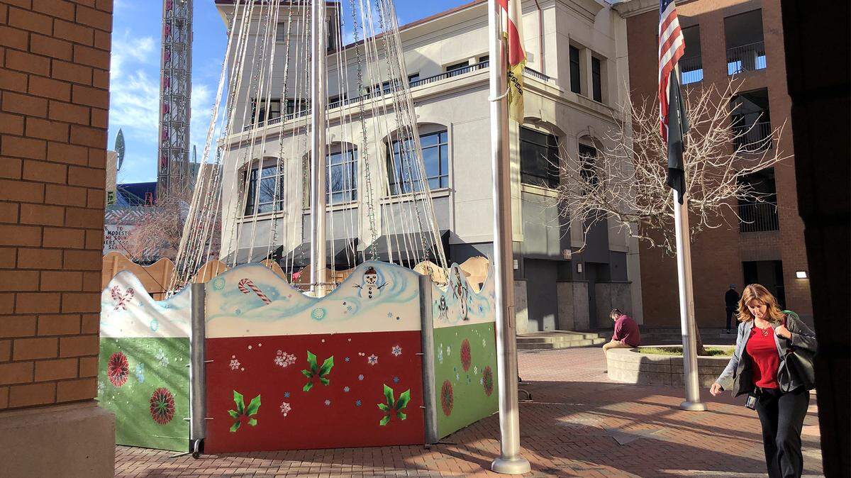 Part of the Rockin’ Holiday Christmas display is pictured Tuesday December 18, 2018 on the 10th Street Plaza in downtown Modesto, Calif. Thieves made off with $12,000 worth of equipment to operate the tree’s light show.