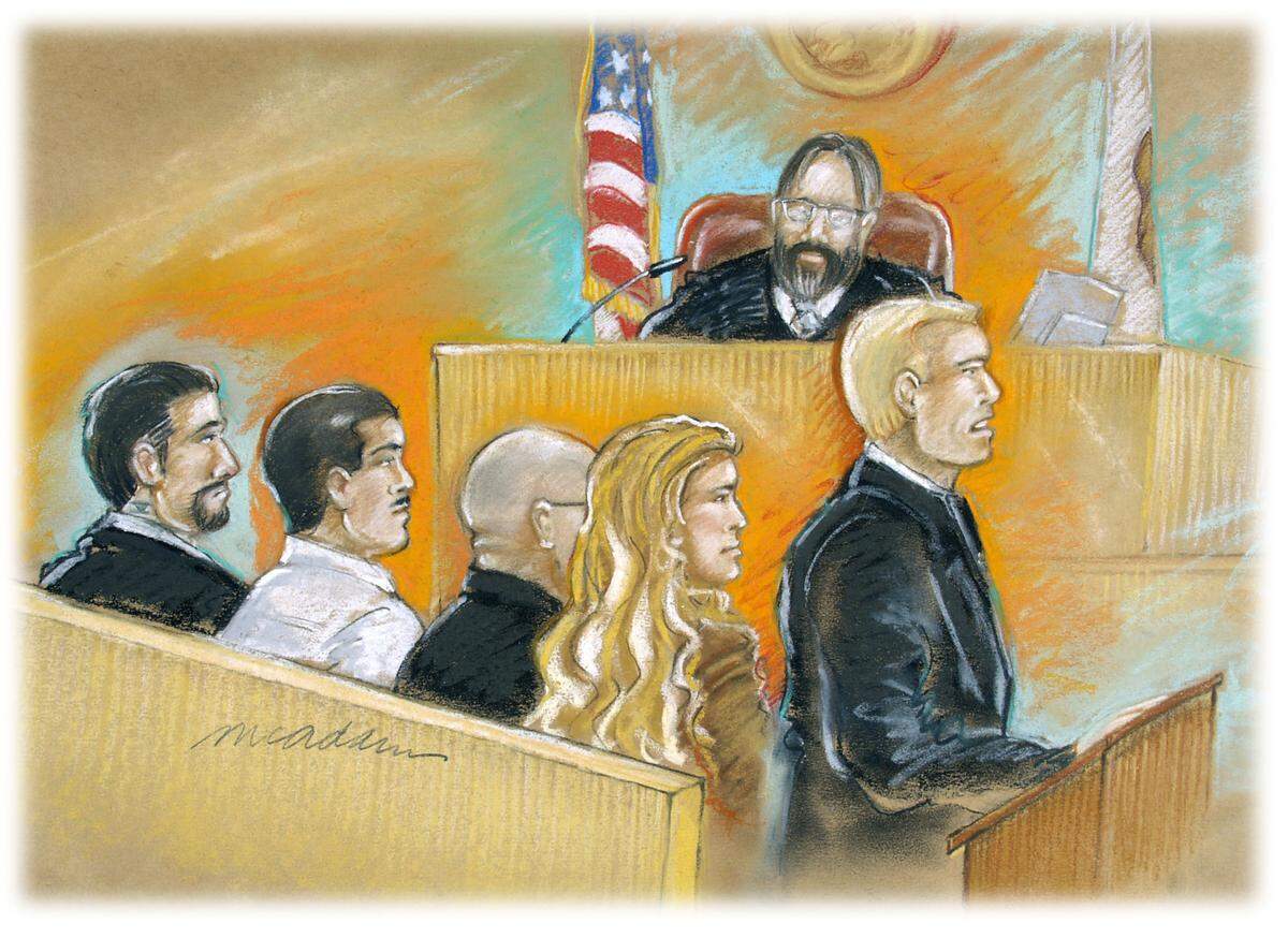 Artist rendering of Presiding judge Ricardo Cordova and defendants, from left, David Anthony Silva, Anthony Lawrence Martinez, David Wayne Morrison and Darlene Renee Fouse listen as prosecuting attorney, Nate Baker delivers his opening statements to the jury in the home invasion trial, 2006.