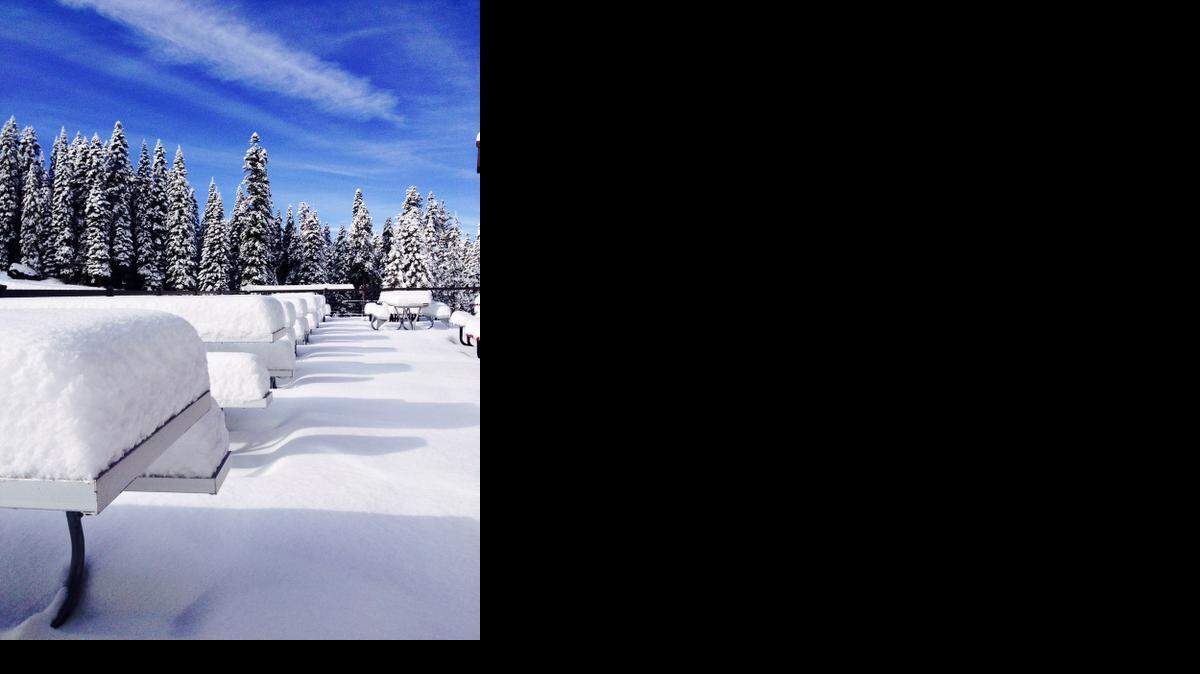 
The Creekside Lodge deck at Dodge Ridge Wintersports Area sports a bit of winter white following the first snow of the season.
