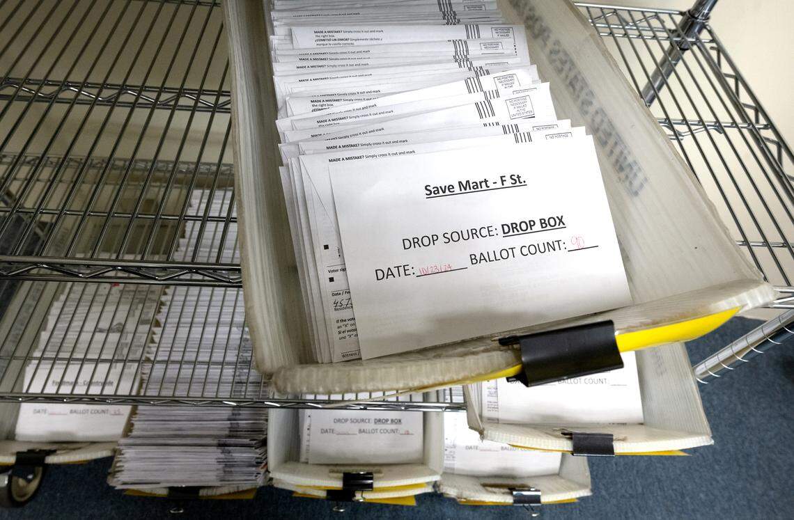 Drop box ballots at the await first scanning and sorting at the Stanislaus County Registrars of Voters office in Modesto, Wednesday, Oct. 23, 2024.