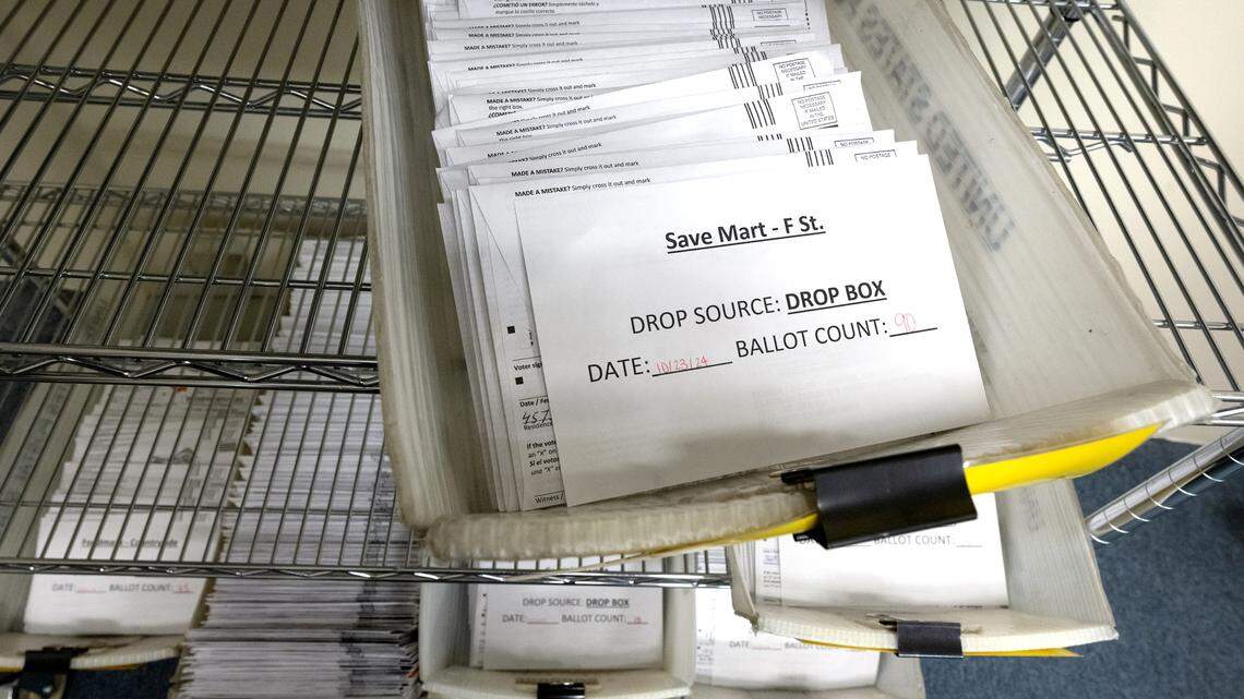 Drop box ballots at the await first scanning and sorting at the Stanislaus County Registrars of Voters office in Modesto, Wednesday, Oct. 23, 2024. Californians have to decide on 10 statewide initiatives.