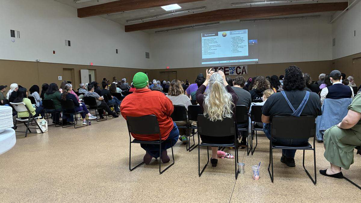 Hundreds  listened to panelists at the Feb. 7, 2026, ICE Out of 209 Town Hall in Modesto.