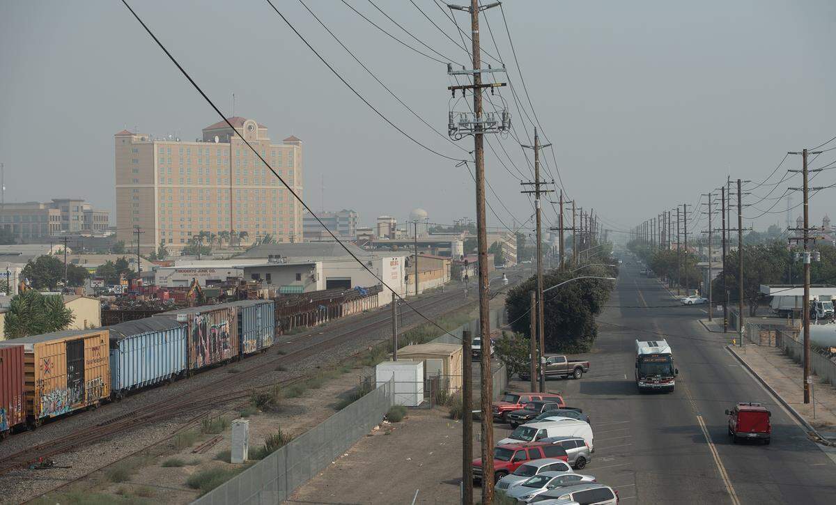 Smoke hangs over downtown Modesto, Calif., on Tuesday Sept. 8, 2020.