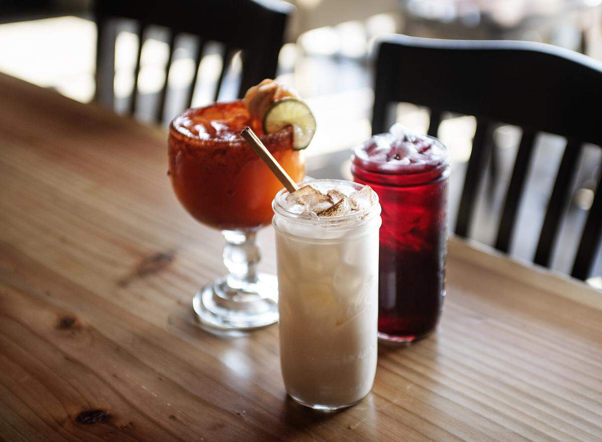 Horchata, hibiscus tea and michelada drinks at Taqueria El Maguey at Century Center in Modesto, Calif., Thursday, Nov. 21, 2019.
