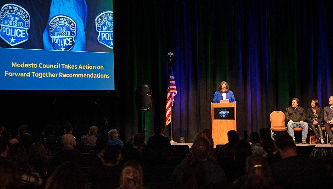 Mayor Sue Zwahlen delivers the state of the city address at Modesto Centre Plaza in Modesto, Calif., Tuesday, Feb. 21, 2023.