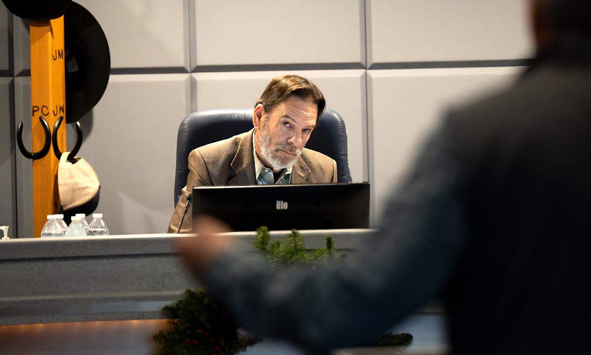 Board President Robert Frobose listens to public comment from John Duarte during the Modesto Irrigation District board meeting in Modesto, Tuesday, Dec. 16, 2025.