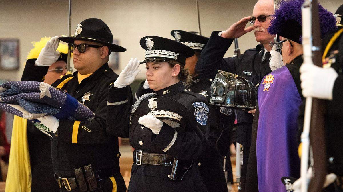 Pictured in 2019, members of the Modesto Police Department, Stanislaus County Sheriff’s Department and Modesto Fire Department attend the Blue Mass at St. Joseph’s Catholic Church.