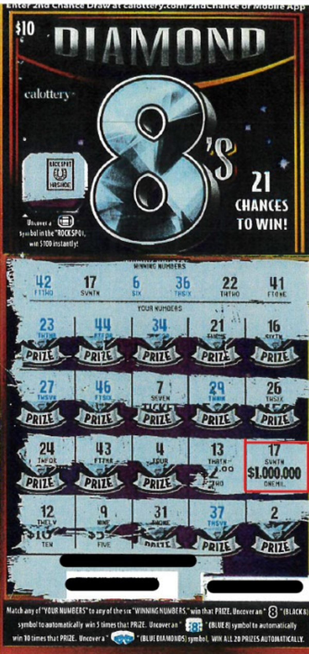 This million dollar winning lottery scratch-off ticket was sold in Patterson, CA at G’s Food Mart.