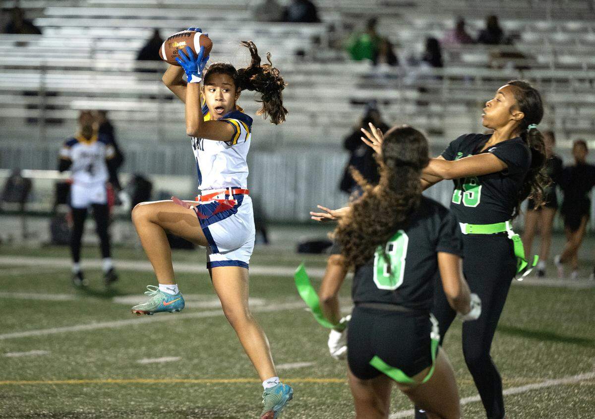 Gregori’s Mia Garcia makes a catch during the Sac-Joaquin Section playoff game with St. Mary’s at St. Mary’s High School in Stockton, Tuesday, Oct. 29, 2024. St. Mary’s won the game 46-36.